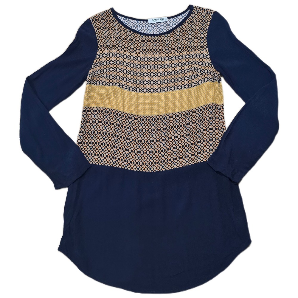 Sam&Lavi Navy Geometric Diamond Print Long Sleeve Tunic Blouse Small Made in USA